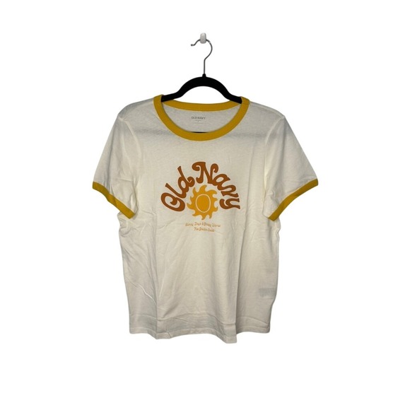 Old Navy Womens T-Shirt Medium White Yellow Ringer Tee Sunny Days Graphic - Picture 1 of 5